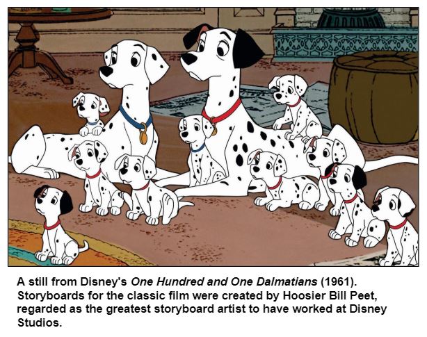 A still from Disney's One Hundred and One Dalmatians (1961). Storyboards for the classic film were created by Hoosier Bill Peet, regarded as the greatest storyboard artist to have worked at Disney Studios.