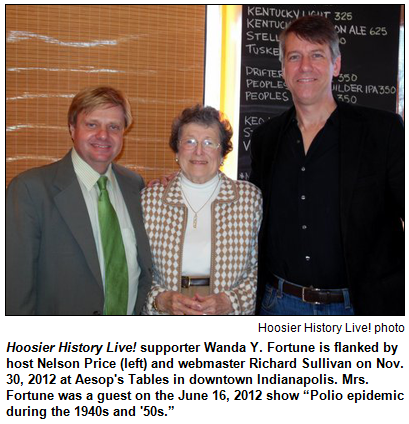 Hoosier History Live! supporter Wanda Y. Fortune is flanked by host Nelson Price (left) and webmaster Richard Sullivan on Nov. 30, 2012 at Aesop's Tables in downtown Indianapolis. Mrs. Fortune was a guest on the June 16, 2012 show “Polio epidemic during the 1940s and '50s.”