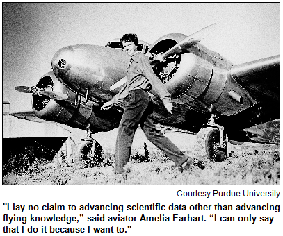 Amelia Earhart in stride beside her plane. Image courtesy Purdue University.