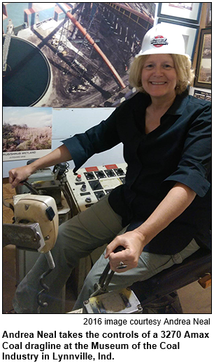 Author Andrea Neal sits at the controls of a 3270 Amax Coal dragline at the Museum of the Coal Industry in Lynnville, Ind. 2016 image courtesy Andrea Neal.
