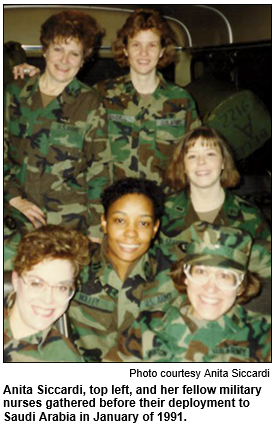 Anita Siccardi and fellow nurses in 1991 prepare to deploy to Saudi Arabia.