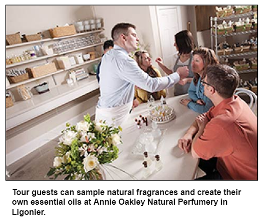 Tour guests can sample natural fragrances and create their own essential oils at Annie Oakley Natural Perfumery in Ligonier.