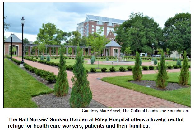 The Ball Nurses' Sunken Garden at Riley Hospital offers a lovely, restful refuge for health care workers, patients and their families. Courtesy Marc Ancel, The Cultural Landscape Foundation.