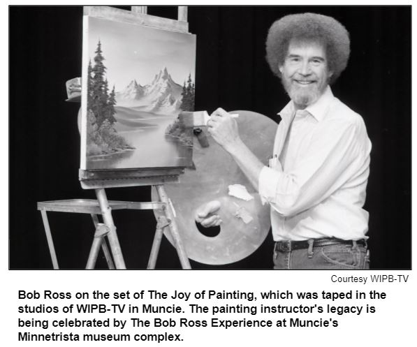 Bob Ross on the set of The Joy of Painting, which was taped in the studios of WIPB-TV in Muncie. The painting instructor's legacy is being celebrated by The Bob Ross Experience at Muncie's Minnetrista museum complex. Courtesy WIPB-TV.