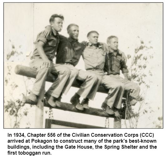 In 1934, Chapter 556 of the Civilian Conservation Corps (CCC) arrived at Pokagon to construct many of the park's best-known buildings, including the Gate House, the Spring Shelter and the first toboggan run.