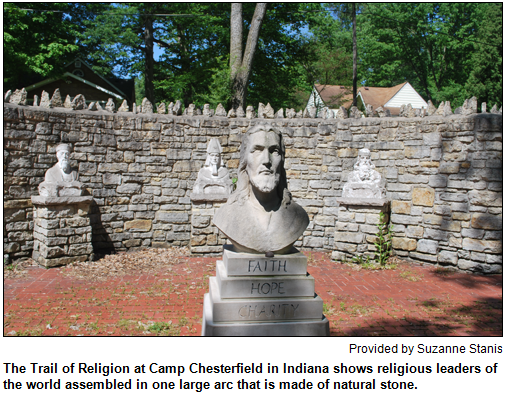 The Trail of Religion at Camp Chesterfield in Indiana shows religious leaders of the world assembled in one large arc that is made of natural stone. Image provided by Suzanne Stanis.