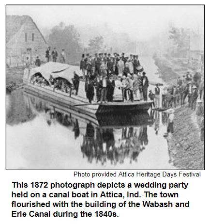 This 1872 photograph depicts a wedding party held on a canal boat in Attica, Ind. The town flourished with the building of the Wabash and Erie Canal during the 1840s. Courtesy Attical Heritage Days Festival.