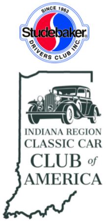 Car club logos: Studebaker Drivers Club and Indiana Region Classic Car Club of America.