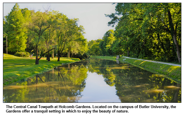 The Central Canal Towpath at Holcomb Gardens. Located on the campus of Butler University, the Gardens offer a tranquil setting in which to enjoy the beauty of nature.
