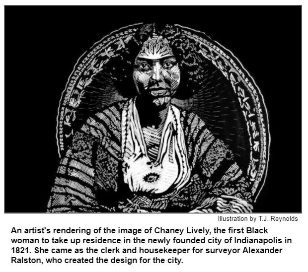 An artist's rendering of the image of Chaney Lively, the first Black woman to take up residence in the newly founded city of Indianapolis in 1821. She came as the clerk and housekeeper for surveyor Alexander Ralston, who created the design for the city. Illustration by T.J. Reynolds.
