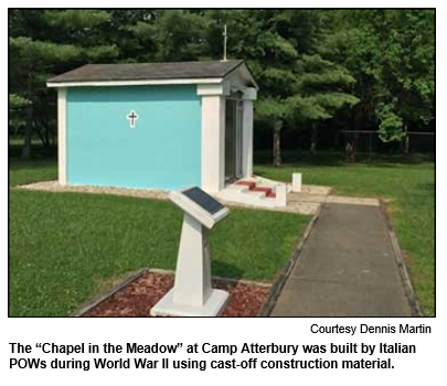 The “Chapel in the Meadow” at Camp Atterbury was built by Italian POWs during World War II using cast-off construction material.  Photo courtesy Dennis Martin.