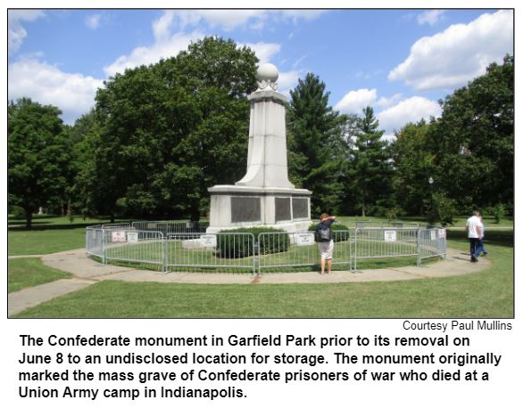 The Confederate monument in Garfield Park prior to its removal on June 8 to an undisclosed location for storage. The monument originally marked the mass grave of Confederate prisoners of war who died at a Union Army camp in Indianapolis.