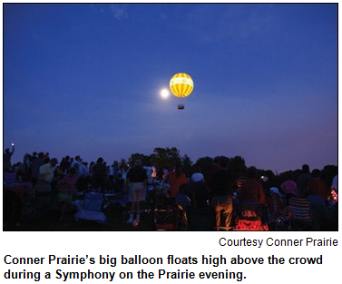 Conner Prairie’s big balloon floats high above the crowd during a Symphony on the Prairie evening. Image courtesy Conner Prairie.