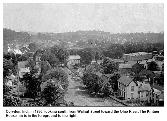 Corydon, Ind., in 1896, looking south from Walnut Street toward the Ohio River. The Kintner House Inn is in the foreground to the right.
