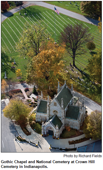 Gothic Chapel and National Cemetery at Crown Hill Cemetery in Indianapolis. Photo by Richard Fields.