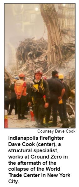 Indianapolis firefighter Dave Cook (center), a structural specialist, works at Ground Zero in the aftermath of the collapse of the World Trade Center in New York City. Courtesy Dave Cook