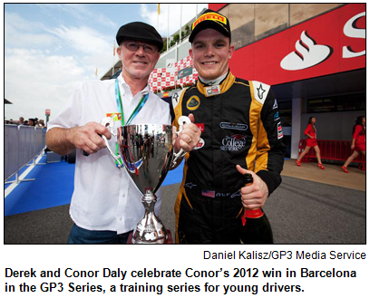 Derek and Conor Daly celebrate Conor’s 2012 win in Barcelona in the GP3 Series, a training series for young drivers. Photo by Daniel Kalisz/GP3 Media Service.