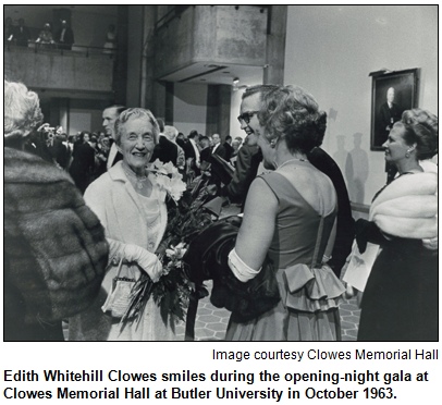 Edith Whitehill Clowes smiles during the opening-night gala at Clowes Memorial Hall at Butler University in October 1963. Image courtesy Clowes Memorial Hall.