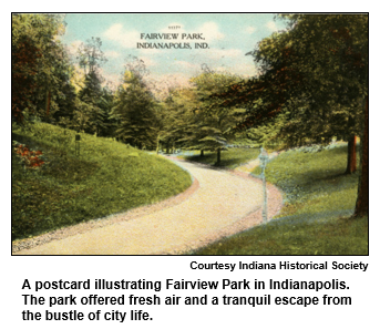 A postcard illustrating Fairview Park in Indianapolis. The park offered fresh air and a tranquil escape from the bustle of city life.
Courtesy Indiana Historical Society.