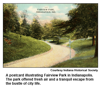 A postcard illustrating Fairview Park in Indianapolis. The park offered fresh air and a tranquil escape from the bustle of city life.
Courtesy Indiana Historical Society.