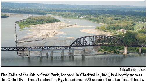 Aerial view of Falls of the Ohio State Park shows a railroad bridge in the foreground, with the falls and park downstream.