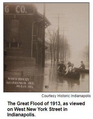The Great Flood of 1913, as viewed on West New York Street in Indianapolis.
Courtesy Historic Indianapolis.