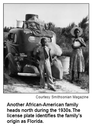 Another African-American family heads north during the 1930s.The license plate identifies the family's origin as Florida. Courtsey Smithsonian Magazine.