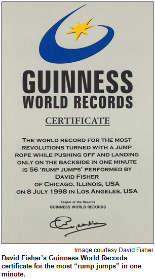 David Fisher’s Guinness World Records certificate for the most “rump jumps” in one minute. Image courtesy David Fisher.