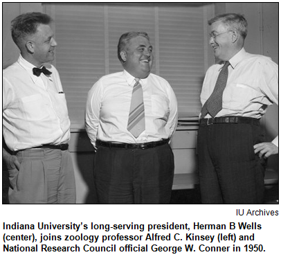 Indiana University’s long-serving president, Herman B Wells (center) joins zoology professor Alfred C. Kinsey (left) and National Research Council official George W. Conner in 1950. Courtesy IU Archives.