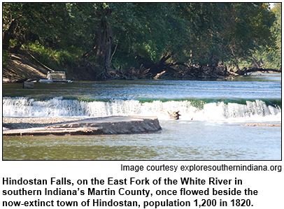 Hindostan Falls, on the East Fork of the White River in southern Indiana's Martin County, once flowed beside the now-extinct town of Hindostan, population 1,200 in 1820. Image courtesy exploresouthernindiana.org.