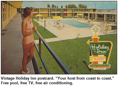 Vintage Holiday Inn postcard shows woman in swimsuit overlooking a swimming pool. “Your host from coast to coast.”  Free pool, free TV, free air conditioning.   