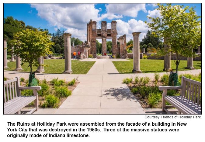 The Ruins at Holliday Park were assembled from the facade of a building in New York City that was destroyed in the 1950s. Three of the massive statues were originally made of Indiana limestone. Courtesy Friends of Holiday Park.