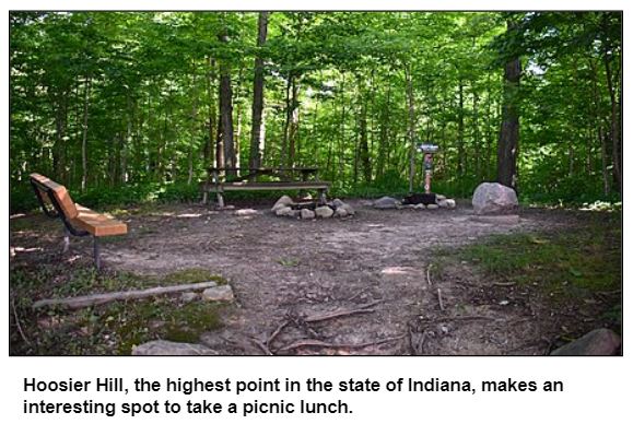 Hoosier Hill, the highest point in the state of Indiana, makes an interesting spot to take a picnic lunch.