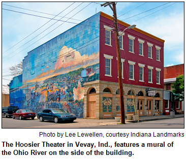 The Hoosier Theater in Vevay, Ind., features a mural of the Ohio River on the side of the building. Photo by Lee Lewellen, courtesy Indiana Landmarks.
