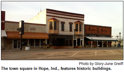 The town square in Hope, Ind., features historic buildings. Photo by Glory-June Greiff.