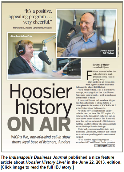 Indianapolis Business Journal story about Hoosier History Live, June 22, 2013.