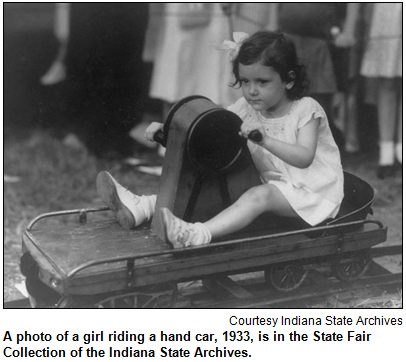 A photo of a girl riding a hand car, 1933, is in the State Fair Collection of the Indiana State Archives. Image courtesy Indiana State Archives.