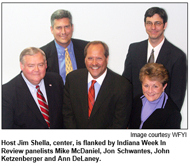 Host Jim Shella, center, is flanked by Indiana Week In Review panelists Mike McDaniel, Jon Schwantes, John Ketzenberger and Ann DeLaney. Image courtesy WFYI.