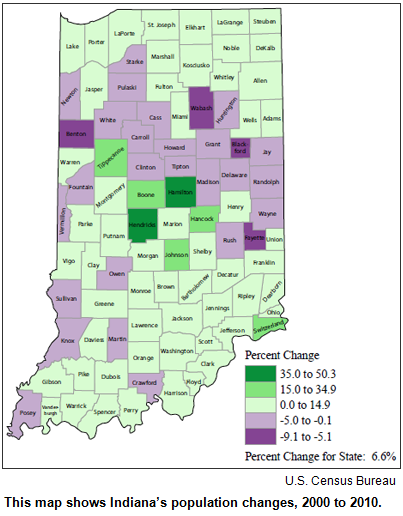 This map shows Indiana’s population changes, 2000 to 2010. Courtesy U.S. Census Bureau.
