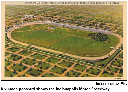 A vintage postcard shows the Indianapolis Motor Speedway.