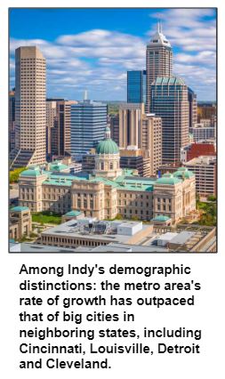 Among Indy's demographic distinctions: the metro area's rate of growth has outpaced that of big cities in neighboring states, including Cincinnati, Louisville, Detroit and Cleveland.