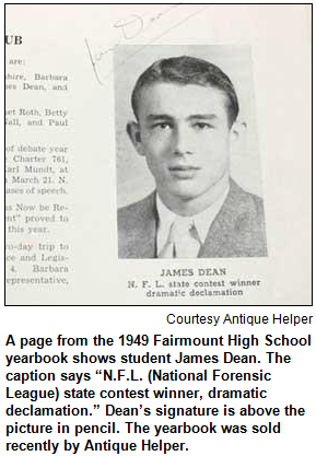 A page from the 1949 Fairmount High School yearbook shows student James Dean. The caption says “N.F.L. (National Forensic League) state contest winner, dramatic declamation.” Dean’s signature is above the picture in pencil. The yearbook was sold recently by Antique Helper. Image courtesy Antique Helper.