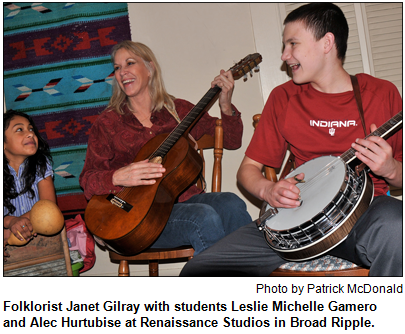 Folklorist Janet Gilray with students Leslie Michelle Gamero and Alec Hurtubise at Renaissance Studios in Broad Ripple. Photo by Patrick McDonald.