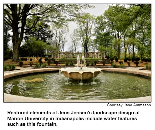 Restored elements of Jens Jensen's landscape design at Marion University in Indianapolis include water features such as this fountain. Courtesy Jane Ammeson