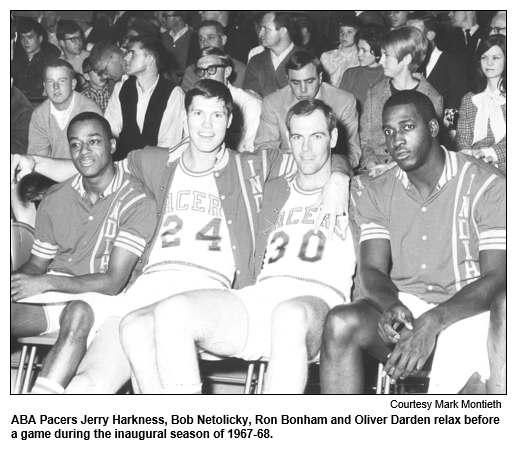 ABA Pacers Jerry Harkness, Bob Netolicky, Ron Bonham and Oliver Darden relac before a game during the inaugural season of 1967-68. Courtesy Mark Montieth