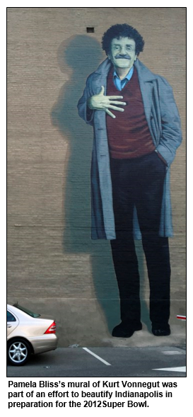 Pamela Bliss' mural of Kurt Vonnegut was part of an effort to beautify Indianapolis in preparation for the 2012 Super Bowl.