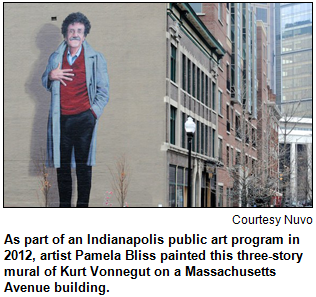 As part of an Indianapolis public art program in 2012, artist Pamela Bliss painted this three-story mural of Kurt Vonnegut on a Massachusetts Avenue building. Image courtesy Nuvo.