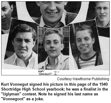 Kurt Vonnegut signed his picture in this page of the 1940 Shortridge High School yearbook; he was a finalist in the "Uglyman" contest. Note he signed his last name as "Vonnegoot" as a joke. Image courtesy Hawthorne Publishing.