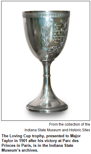 The Loving Cup trophy, presented to Major Taylor in 1901 after his victory at Parc des Princes in Paris, is on display at the Indiana State Museum. From the collection of the Indiana State Museum and Historic Sites.
