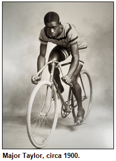 Major Taylor on bicycle, circa 1900.